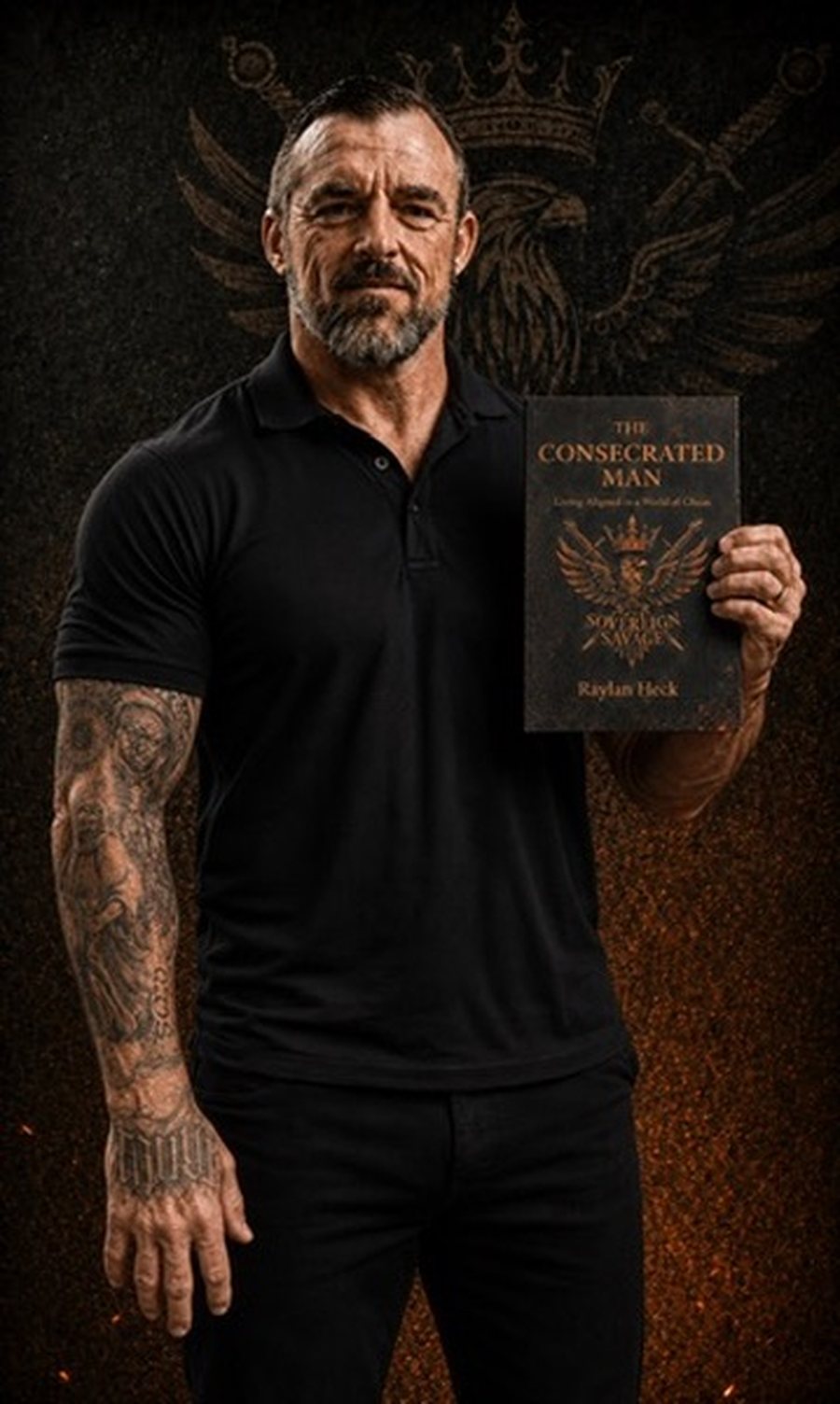 Raylan Heck — founder of Sovereign Savage Syndicate, holding The Consecrated Man